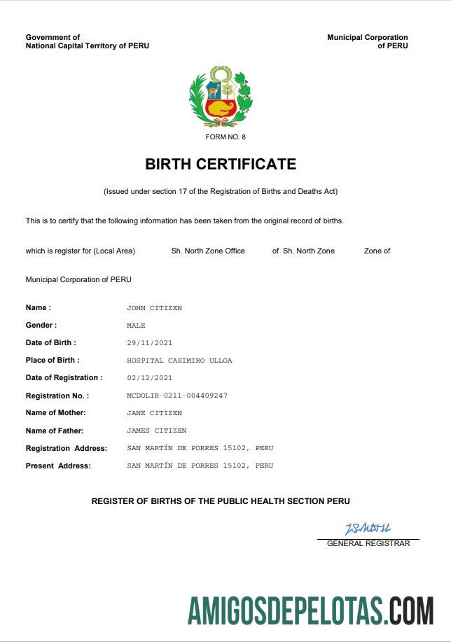 Imprimível modelo Word e PDF de certidão de nascimento do Peru